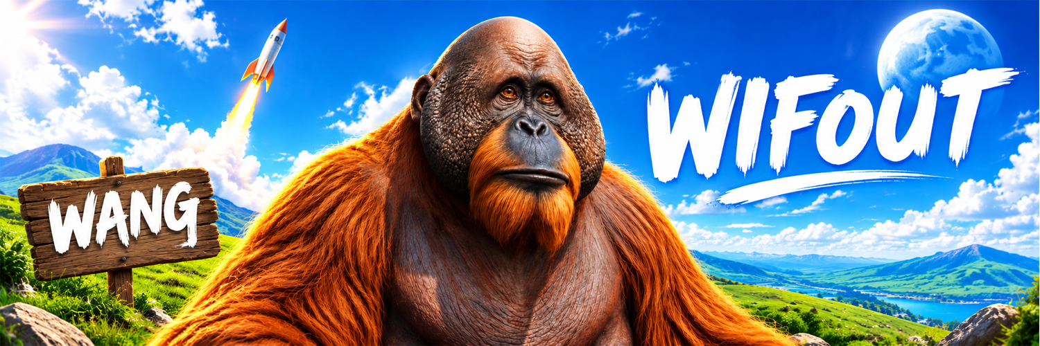 wangwifout banner — bald gorilla in a green field launching to the moon